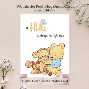 Blauwe Pooh Bear knuffel citaatkaart, Winnie de Poeh, een knuffel is altijd de juiste maat liefdescitaat, verjaardag, babyshower, beterschap, Valentijnsdag