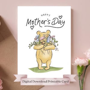 Lieve Pooh-beer Happy Mothers Day-kaart, klassieke Winnie-de-Pooh, Pooh-beer verstopt zich achter een bos bloemen, eenvoudige doe-het-zelfkaart, afdrukbare kaart