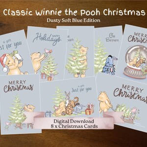 Dusty Soft Blue 8 Weihnachtskarten-Bundle, klassische Winnie-the-Pooh und Freunde, gedämpfter Blues, niedlich und süß, einfach DIY druckbare Weihnachtskarten