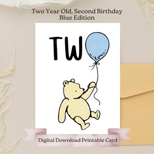 Baby Blau Geburtstagskarte zwei Jahre alt, Original Winnie-the-Pooh, Pooh Bär auf baby blauem Ballon Einfache DIY druckbare Geburtstagskarte
