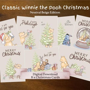 Neutral Beige 8 Weihnachtskarten-Bundle, klassische Winnie-the-Pooh und Freunde, sanftes neutrales Beige und Braun, einfache DIY druckbare Weihnachtskarten