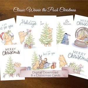 8 Weihnachtskarten-Bundle, klassische Original Winnie-the-Pooh und Freunde, sanfte Farben auf weißem Hintergrund, einfache DIY druckbare Weihnachtskarten