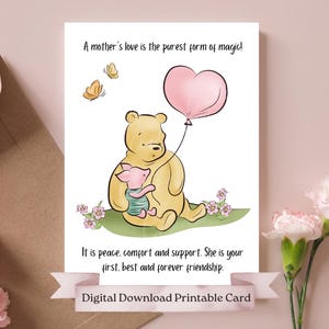 Sweet Pooh Bear Mothers Love Quote, klassieke Winnie de Poeh en Knorretje met een hartballon, eenvoudige doe-het-zelfkaart, afdrukbare kaart, Moederdagkaart