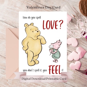 Tarjeta con cita de amor de Winnie the Pooh, clásica tarjeta de San Valentín con cita de Winnie the Pooh, ¿cómo se escribe "amor"? No se escribe "amor", se siente.