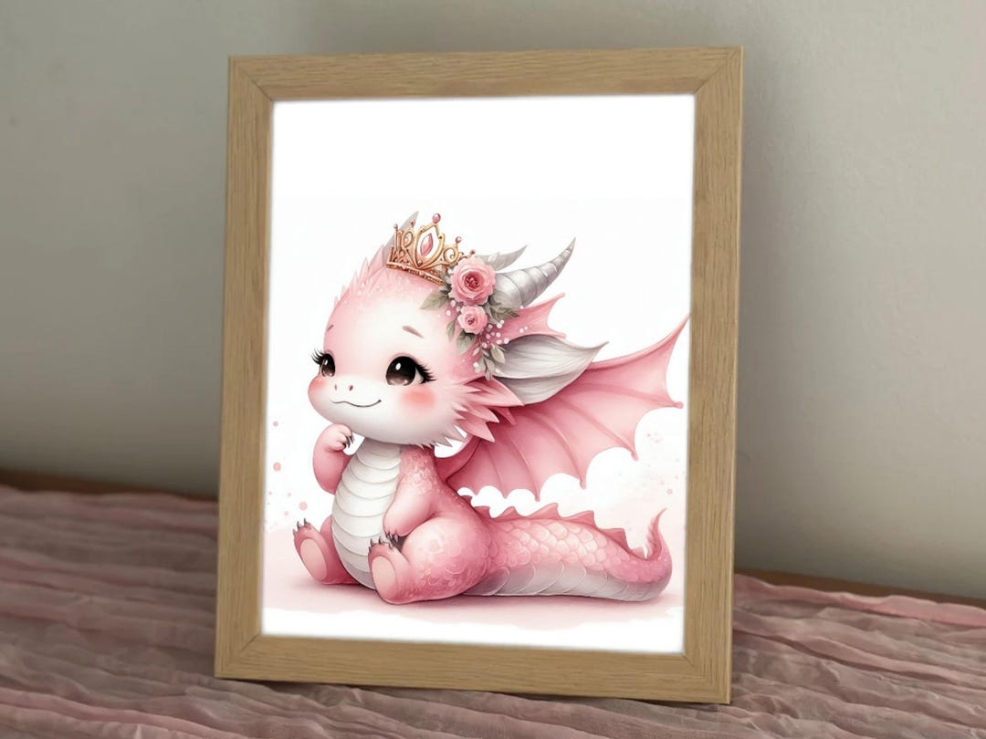 Pink Dragon Princess Baby Nursery Wall Art Fairytale Kids Room Fantasy ...
