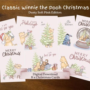 Dusty Soft Pink 8 Weihnachtskarten-Bundle, klassische Winnie-the-Pooh und Freunde, Pastell Pink, einfach DIY druckbare Weihnachtskarten