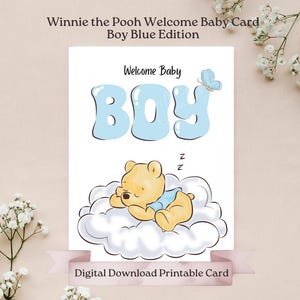 Cartão de boas-vindas azul para bebê menino Pooh, Ursinho Pooh clássico, Chá de bebê, Nascimento de bebê, Cartão de boas-vindas para bebê, Azul pastel suave para impressão fofo