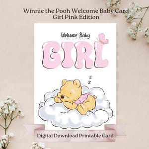 Roze welkomskaart meisje Pooh Bear, klassieke Winnie de Poeh, babyshower, geboorte baby, welkomstkaart baby, zacht pastelroze schattig afdrukbaar