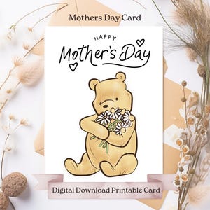 Muttertagskarte, Original Winnie-the-pooh, klassischer Pooh-Bär mit Blumenstrauß, Mutter, Oma, Oma, Mutter, einfache druckbare Karte zum Selbermachen