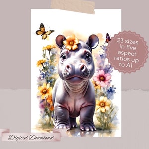 Baby Hippo #1 Print, Watercolour Digital Art of a Baby Hippopotamus with Flowers and Butterflies, Cute Nursery Print, Safari Animal Print
