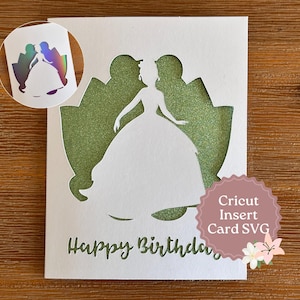 May include: White birthday card featuring a princess silhouette cut-out design with a green glitter background. The words "Happy Birthday" are printed at the bottom. A small circular image shows a rainbow-colored princess. The card also has a sticker that says "Cricut Insert Card SVG".