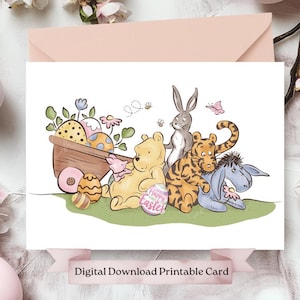 Pooh & Friends Osterkarte, klassische Winnie-the-Pooh, Pooh Bär und Freunde feiern Ostern, einfache DIY Frohe Ostern Karte, druckbare Karte