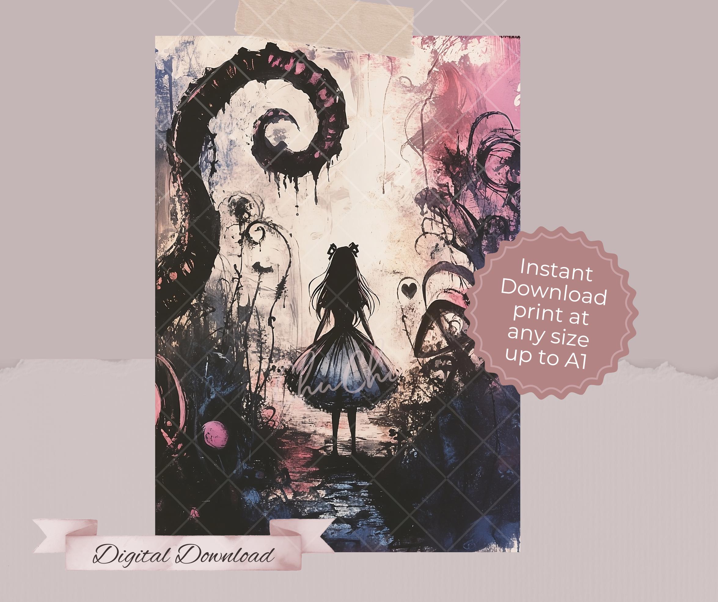 Goth Alice in Dark Wonderland, Digital Wall Art Painting of Alice ...