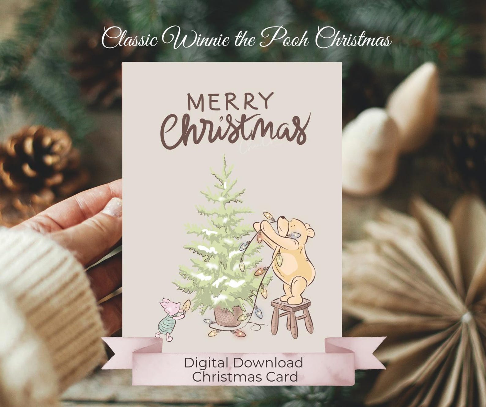Pooh Bear & Piglet Christmas Card Classic Winniethepooh, Soft Beige