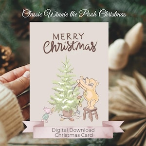 Kerstkaart, klassieke originele Winnie-de-Pooh en biggetje kerstboom versieren, zachte kleuren, eenvoudige doe-het-zelf afdrukbare kerstkaart