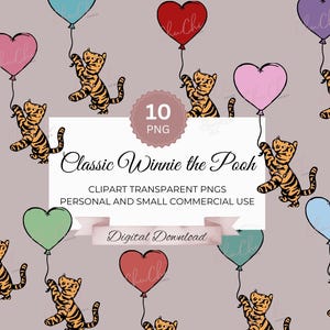 Classic Tigger on a heart balloon 10 colour bundle, Original Winnie-the-pooh Clipart, transparent PNG, DIY cake, party decor, t-shirt design
