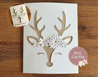 Tarjeta SVG con reno, flores emergentes, inserto, archivo de corte para Cricut, manualidades, regalos hechos a mano