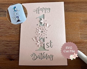 Card SVG Girl First Birthday Popup Flower Insert Card Cut File for Cricut Crafters