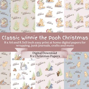 8 pacchetti di carta natalizia, classico Winnie-the-pooh e amici, carta da regalo natalizia fai da te facile da stampare, diario spazzatura, album di ritagli, carta artigianale