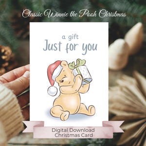 Kerstkaart, klassieke Winnie de Poeh, een cadeau speciaal voor jou, lieve en schattige Pooh-beerkaart, zachte kleuren, gemakkelijk zelf te printen kerstkaart