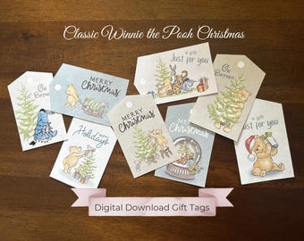 May include: A set of ten digital printable gift tags featuring Winnie the Pooh characters and Christmas themes. The tags include phrases like "Merry Christmas", "Happy Holidays", "Just for you", and "Oh Brother".