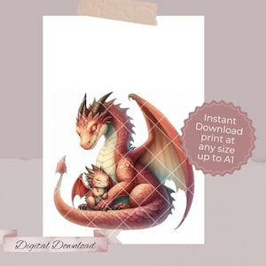 Dad & Baby Dragon #3 Print, red orange watercolour digital art of a daddy and baby girl dragon, Fathers Day Print, Father and Daughter Print