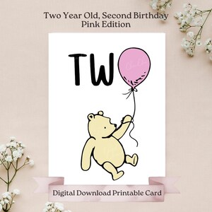Baby Rosa Geburtstagskarte zwei Jahre alt, Original Winnie-the-Pooh, Pooh Bär auf rosa Ballon Einfache DIY druckbare 2.Geburtstagskarte