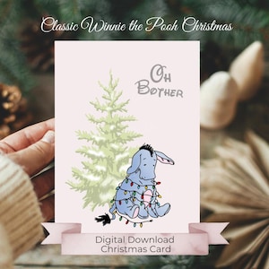 Kerstkaart, klassieke Winnie-de-Pooh Oh Bother Iejoor verstrikt in kerstverlichting, zachte kleuren, eenvoudige doe-het-zelf afdrukbare kerstkaart