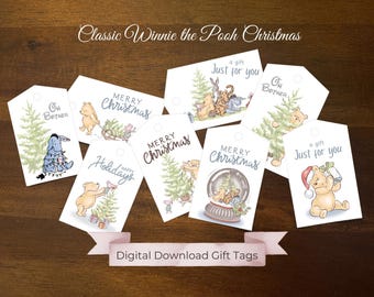 May include: Set of eight Winnie the Pooh Christmas gift tags featuring illustrations of Winnie the Pooh and his friends. The tags include the phrases "Merry Christmas", "Holidays", "Oh Bother", and "A gift just for you".