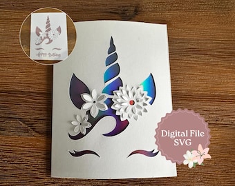 Card SVG Unicorn Face with Popup Flowers Cut File for Cricut Craft Projects