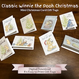 8 mini-kerstkaartcadeaukaartjes, klassieke Winnie-de-pooh en vrienden, zachte kleuren, kerstcadeau Gemakkelijk zelfafdrukbare minikaart-cadeaukaartjes