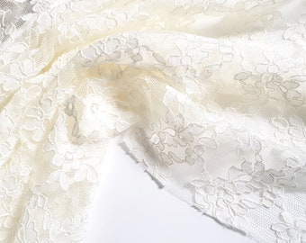 Ivory corded lace fabric with scalloped edge. Wedding dress fabric. Ecru lace. Bridalwear. Floral corded lace.