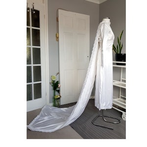 VINTAGE 2000s white satin wedding dress with embroidered organza flower trim and Watteau train SIZE UK 6-8