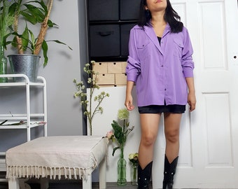 Vintage 80s iris purple shirt with tab sleeves. SIZE UK 12