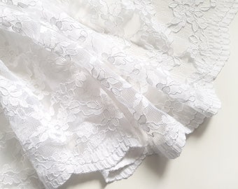 Wedding white corded lace fabric with scalloped edge - 53" wide. Bridalwear fabric. Wedding dress. Occasionwear fabric.