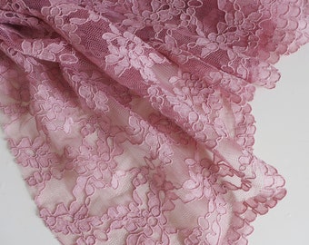 Rose pink corded lace fabric with scalloped edge - 51" wide. Bridalwear. Wedding fabric. Premium lace.