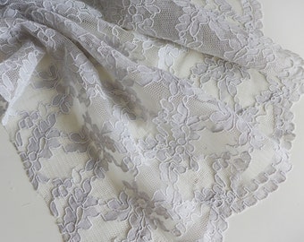 Dove grey corded lace fabric with scalloped edge. 51" wide. Bridalwear fabric. Wedding dress lace. Light grey floral lace fabric.