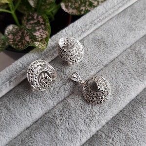 925 Sterling silver statement marcasite swirl earrings and pendant set