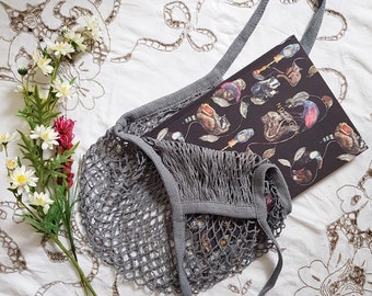 Griffin grey cotton string shoulder tote bag
