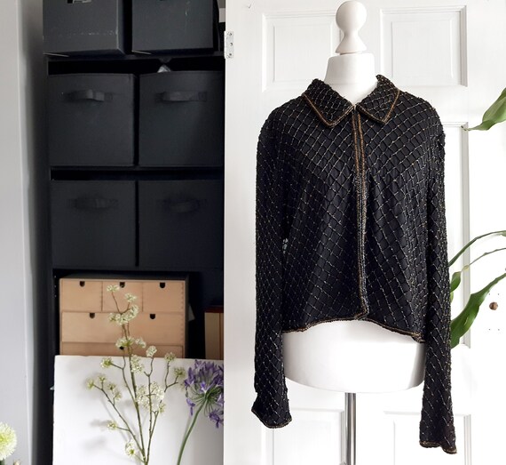 VINTAGE 70s black silk embellished blouse / lightw