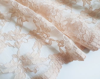 Eggshell corded lace fabric with scallop border. 53" wide. Bridalwear. Wedding dress fabric. Floral lace. Beige, ecru lace.