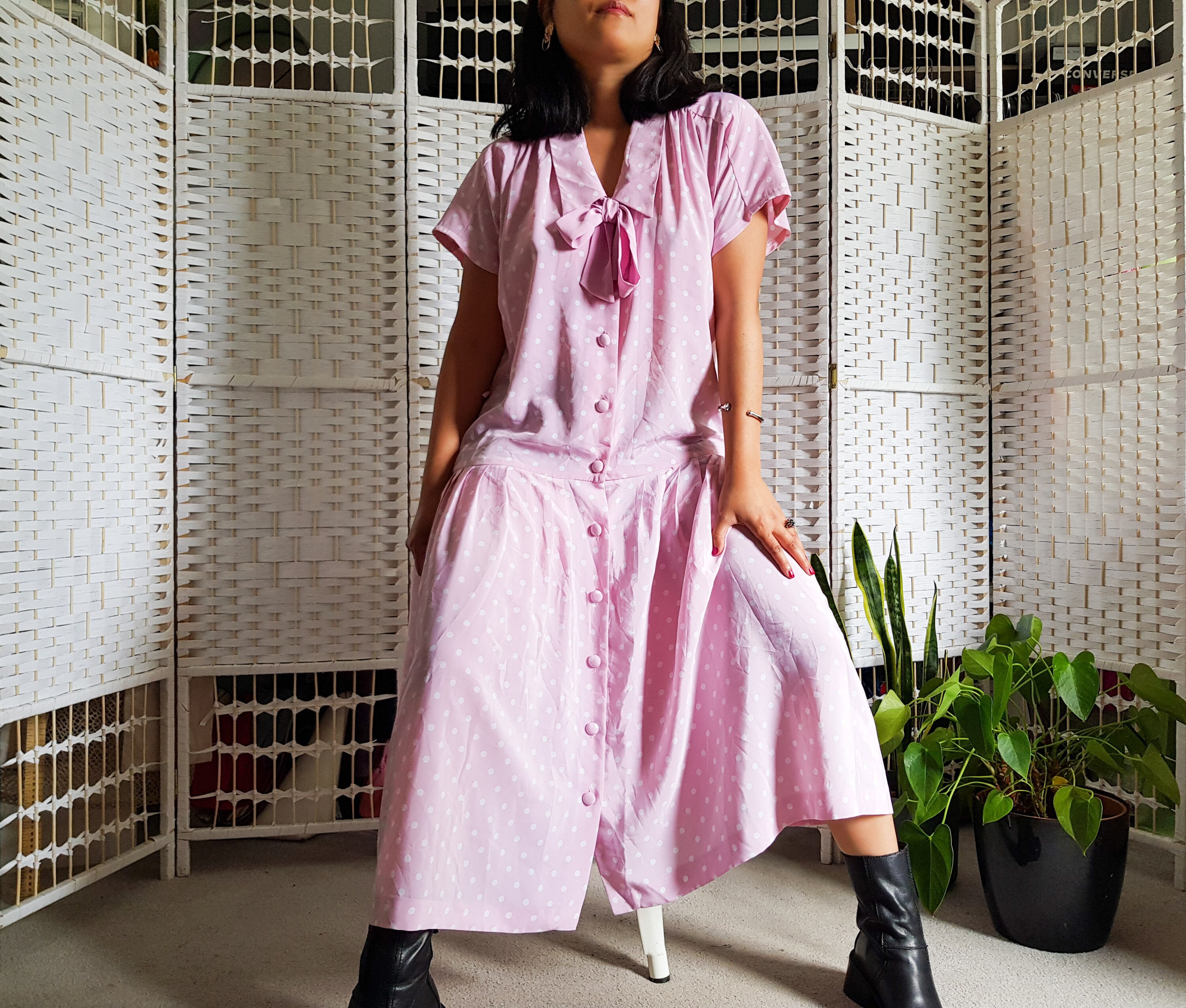 Vintage 80s Pink and White Spot Smock 