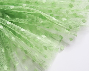 Green sheer spot tulle fabric. 44" wide. Self spot net fabric. Soft tulle. Spring green.