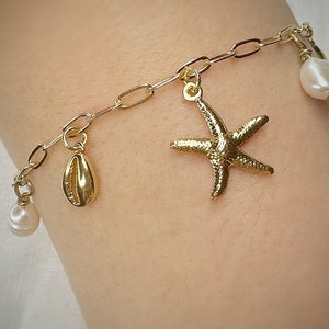seashell , starfish charm bracelet with pearl dangle charms