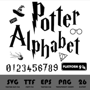 以下が含まれることがあります： 「Potter Alphabet」という文字と、稲妻、魔法使いの帽子、手紙、スニッチ、眼鏡、ホグワーツの紋章が描かれた白黒のグラフィックデザイン。数字の0から9と「PLATFORM 9 3/4」という文字も含まれています。