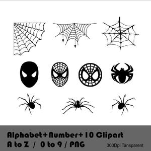 Może przedstawiać: Zestaw 10 czarno-białych obraz&oacute;w clipart przedstawiających pajęczyny, pająki i maskę Spider-Mana. Obrazy idealnie nadają się na Halloween lub inne projekty o tematyce straszydeł.