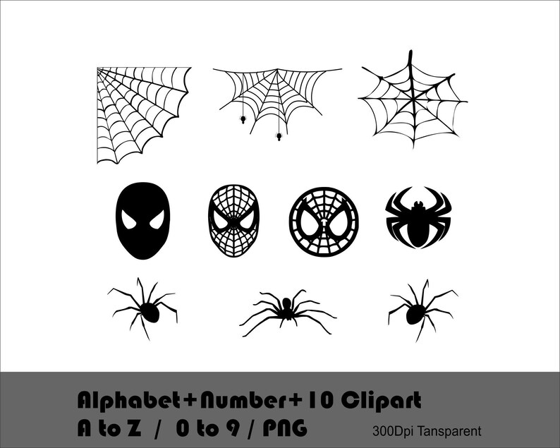 Może przedstawiać: Zestaw 10 czarno-białych obraz&oacute;w clipart przedstawiających pajęczyny, pająki i maskę Spider-Mana. Obrazy idealnie nadają się na Halloween lub inne projekty o tematyce straszydeł.