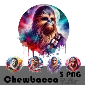 May include: A digital illustration of Chewbacca, a Wookiee character from Star Wars, with a watercolor effect. The background is a galaxy with stars and planets. The image is in a circle shape with a dripping effect.