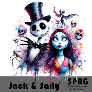 Może przedstawiać: Aquarela przedstawiająca Jacka Skellingtona i Sally z filmu Koszmar przed świętami. Jack ma na sobie czarno-biały pasiasty garnitur i cylinder. Sally ma na sobie sukienkę w patchworku. Tło to kolorowy akwarelowy wash.