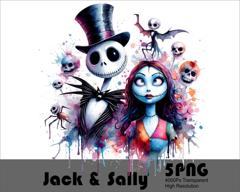 Może przedstawiać: Aquarela przedstawiająca Jacka Skellingtona i Sally z filmu Koszmar przed świętami. Jack ma na sobie czarno-biały pasiasty garnitur i cylinder. Sally ma na sobie sukienkę w patchworku. Tło to kolorowy akwarelowy wash.